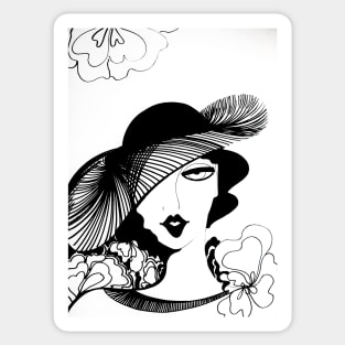 OP ART DECO SEVENTIES POSTER PRINT LADY WITH HAT  BLACK WHITE Sticker